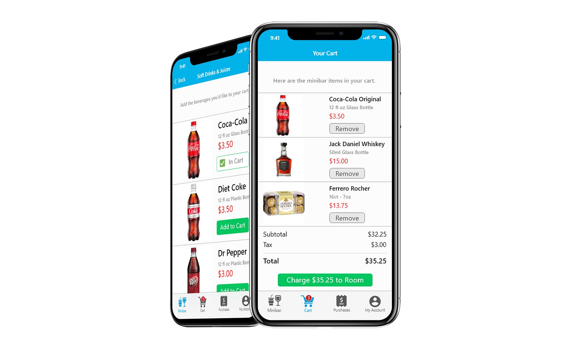 Two iPhones showing a shopping cart for the Minibar app